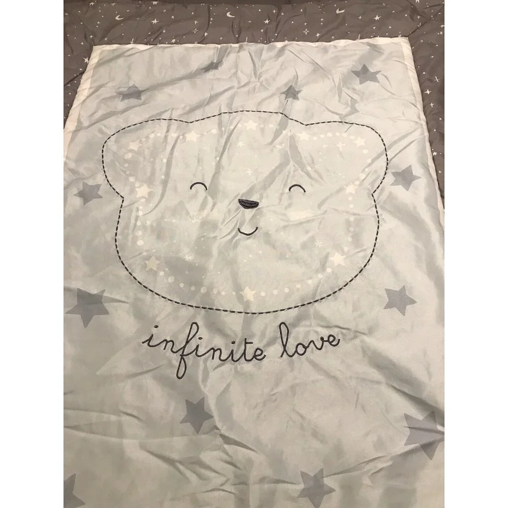 Teddy Bear Moon Stars Infinite Love Baby Blanket Blue & Gray 42x32” Crib Quilt